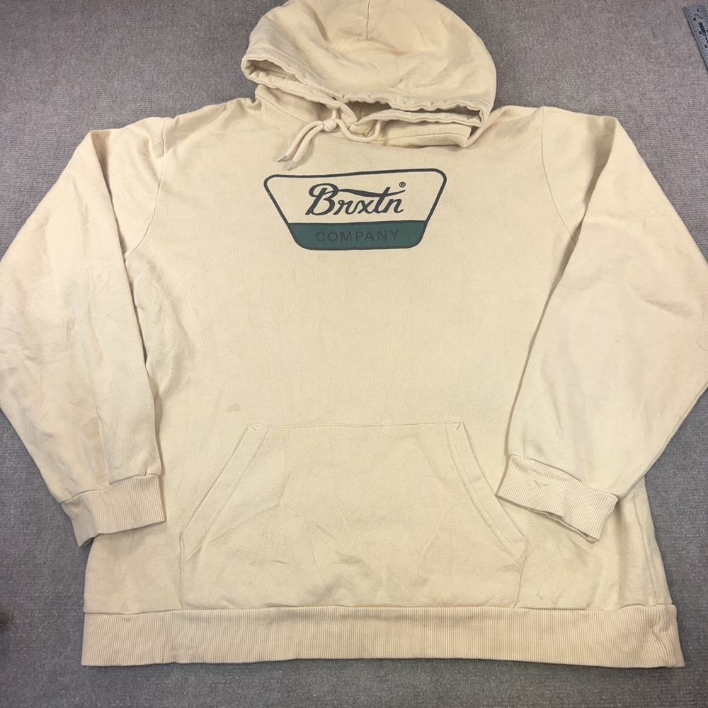 Brixton Company Graphic Hoodie Mens XL Cream Tan Long Sleeve Sweatshirt Logo